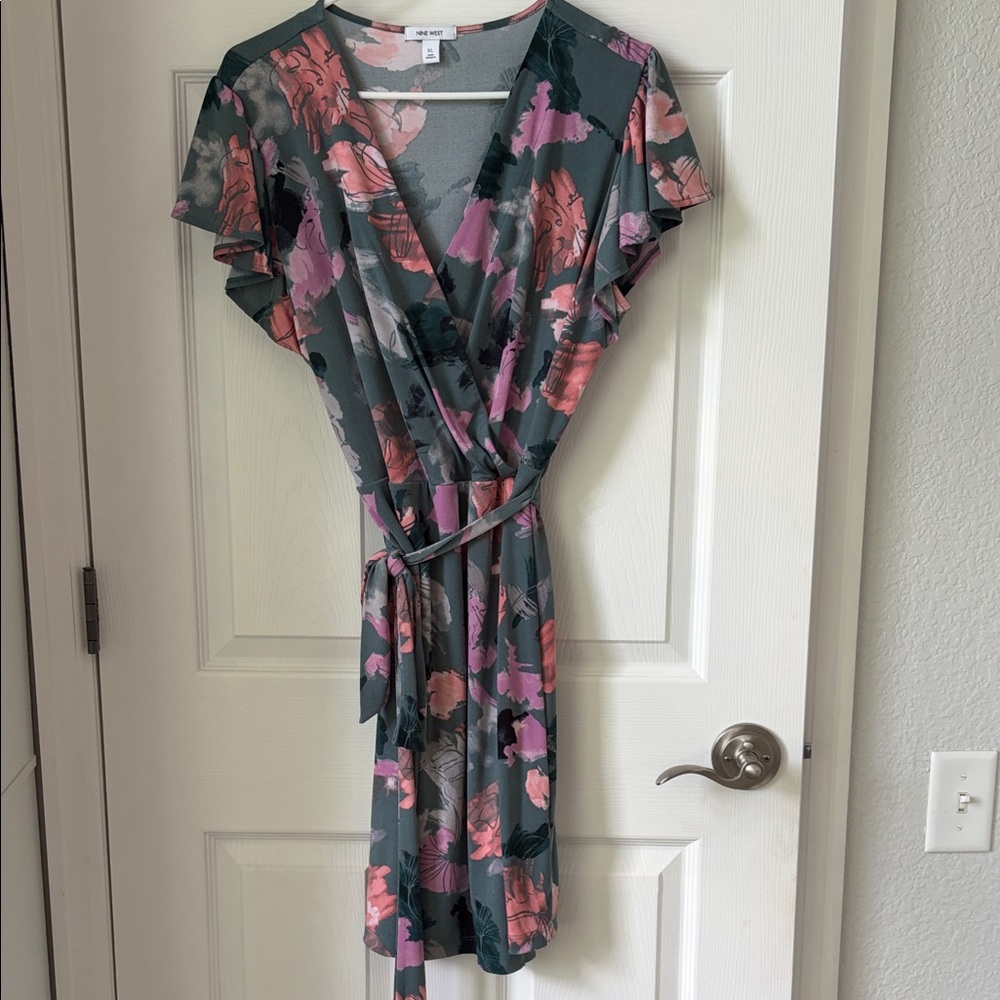 Nine West Pink and Green Floral Wrap Dress